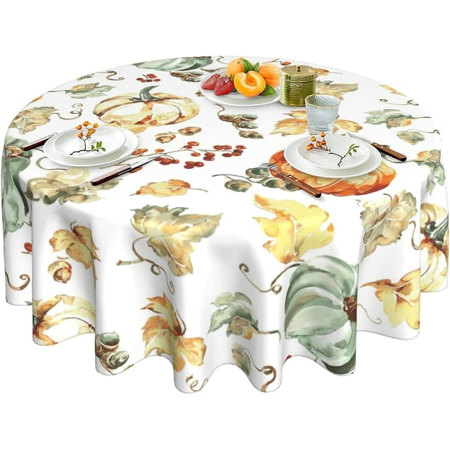 Thanksgiving Tablecloth Fall Watercolor Maple Leaf Pumpkin Tablecloth Washable Reused Round Tablecloth 60 Inch Holiday Party Dining Kitchen Table Decor