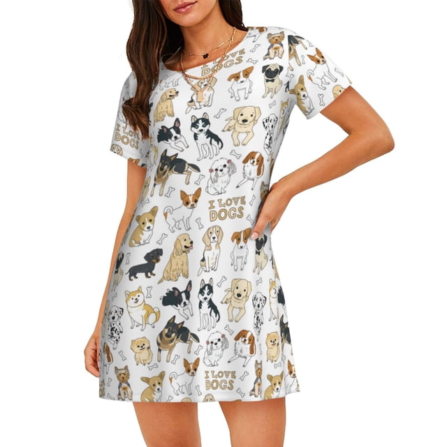 Balery I Love Dogs Camisón de manga corta con cuello redondo para mujer, cómodo y elegante.