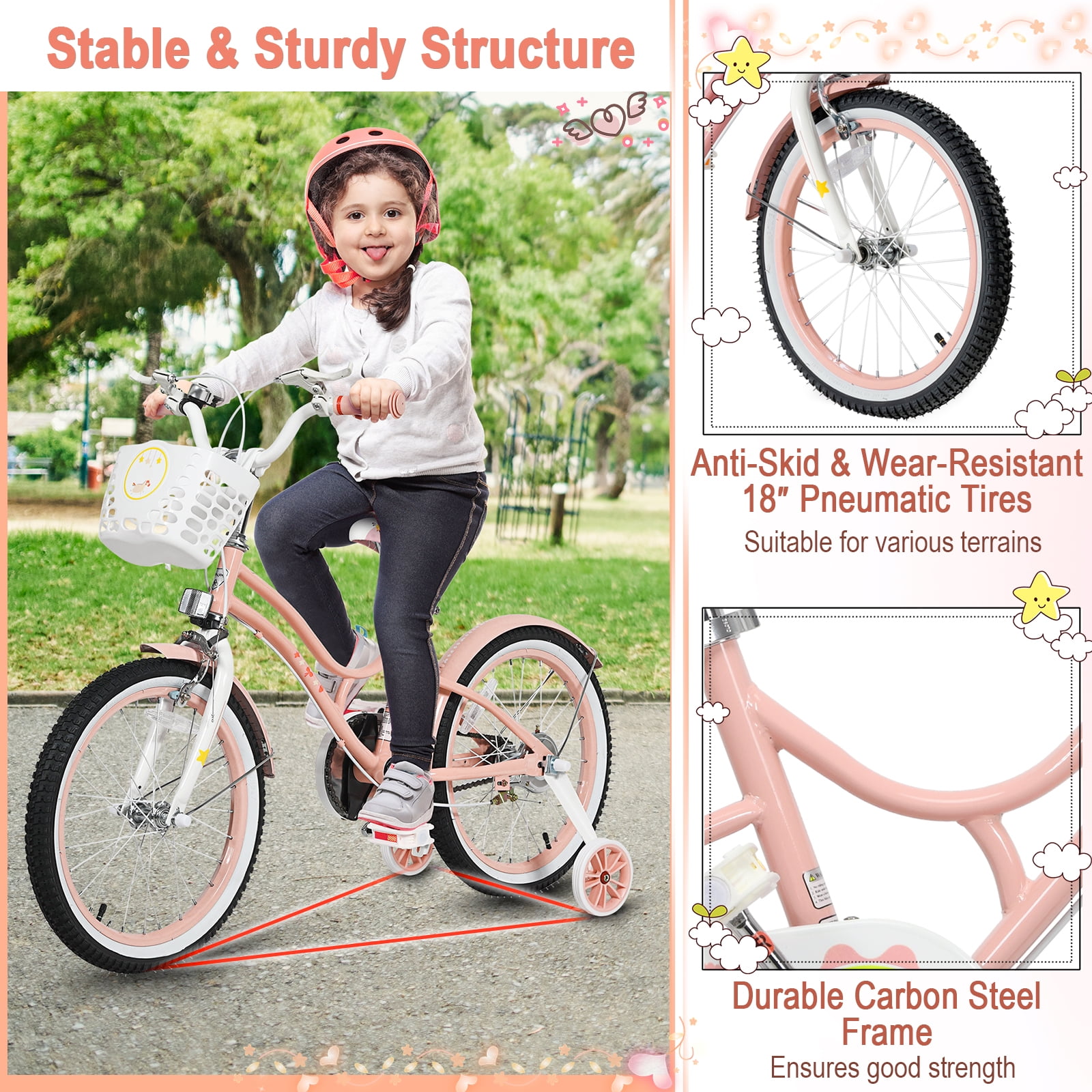 Babyjoy 18'' Girls' Bike, Pre-Assembled, Training Wheels, Basket, Pink, for  6-9 Years Old - Walmart.com