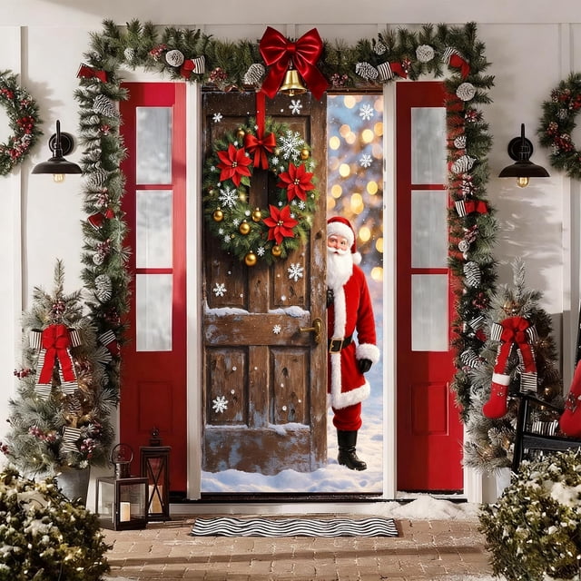 Mantel Navideño para Puerta con Diseño de Papá Noel, Ideal para Fiestas y Festivales. Medidas: 89 X 183 Cm (35 X 72 Pulgadas). Tela de Poliéster Resistente. Fácil Instalación. Decoración para Interio