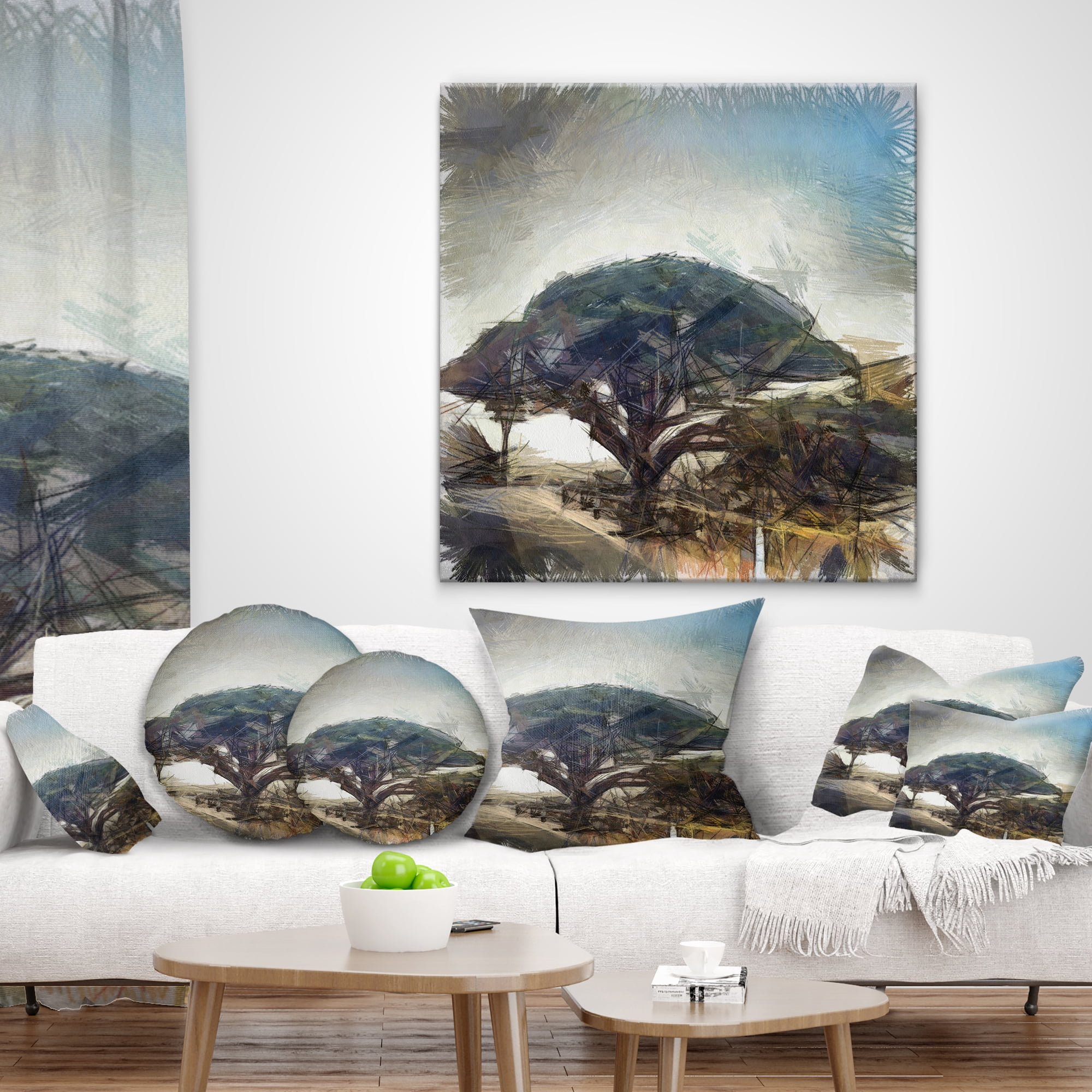 Designart Lonely Oak Tree Watercolor Sketch - Landscape Printed Throw Pillow - 16x16