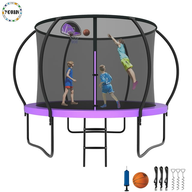 YORIN Trampoline pour 3-4 Enfants, Trampoline de 10 Pi pour Adultes avec Filet d'Enceinte, Panier de Basketball, Échelle, Capacité de Poids de 1000 Lb, Trampoline Récréatif Extérieur, Trampoline Robuste
