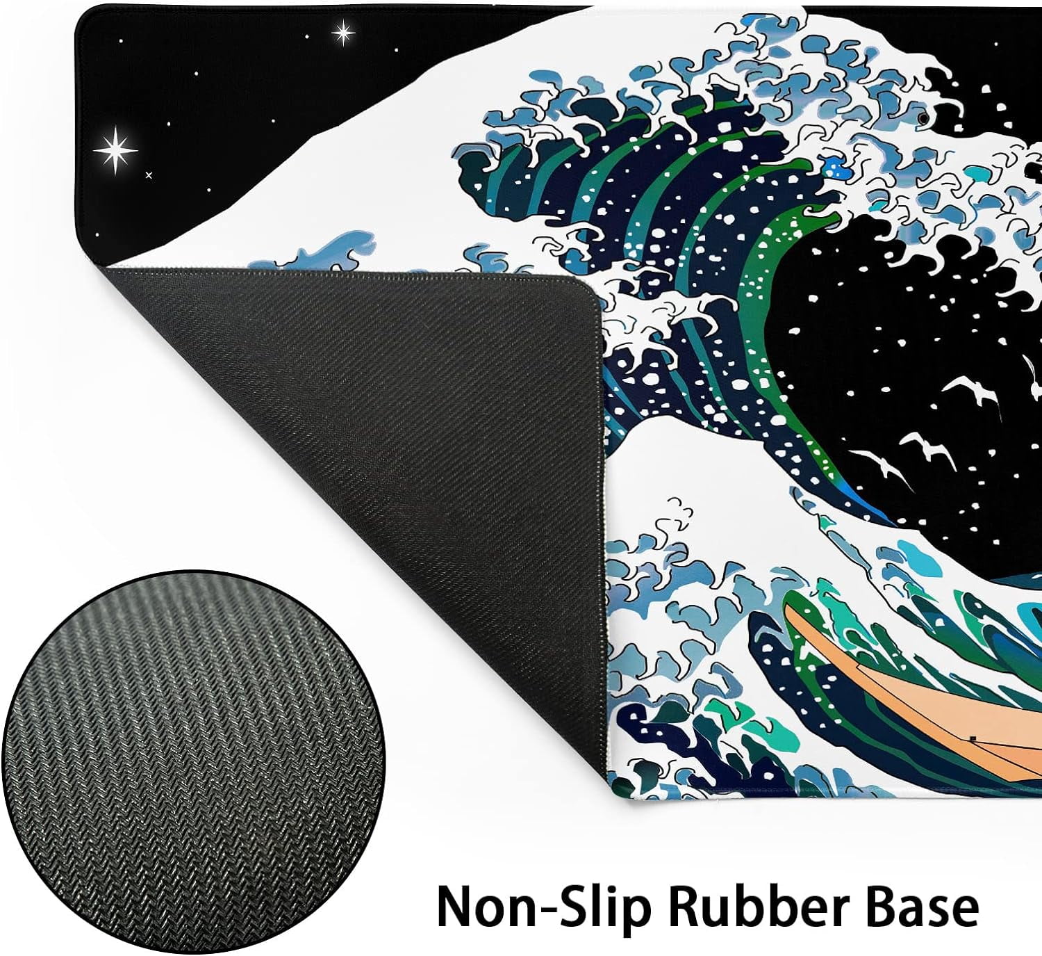 Japanese Black White Gaming Mouse Pad XXL Blue Green Sea Wave Moon Birds Extended Big Large Desk Mat Non-Slip Rubber Base Stitched Edge Long Keyboard Mousepad for PC Computer Laptop,35.4×15.7 in