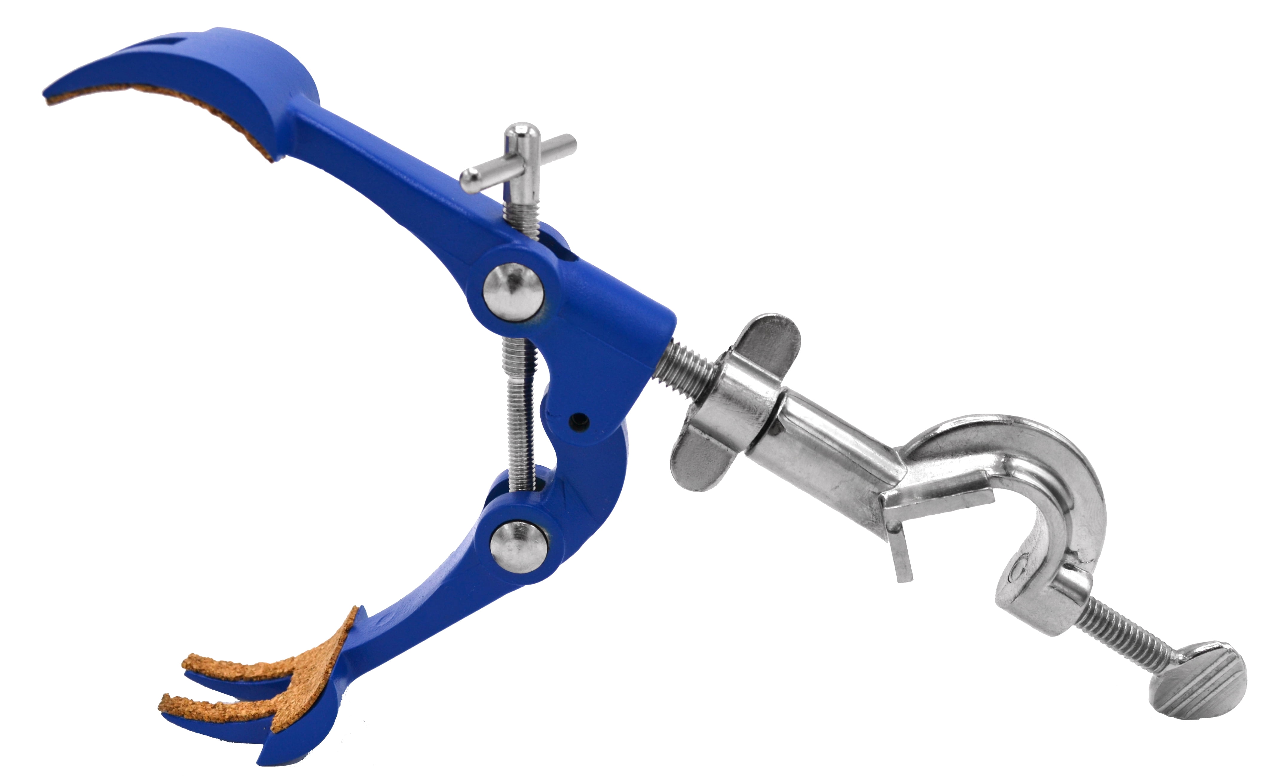 4 Prong, Cork Lined Clamp on Swivel Bosshead - 4.1" Max Clamp Opening, Bosshead fits up to 18mm Rods - Zinc Alloy Clamp - Research, Industrial Laboratory Grade -  Eisco Labs
