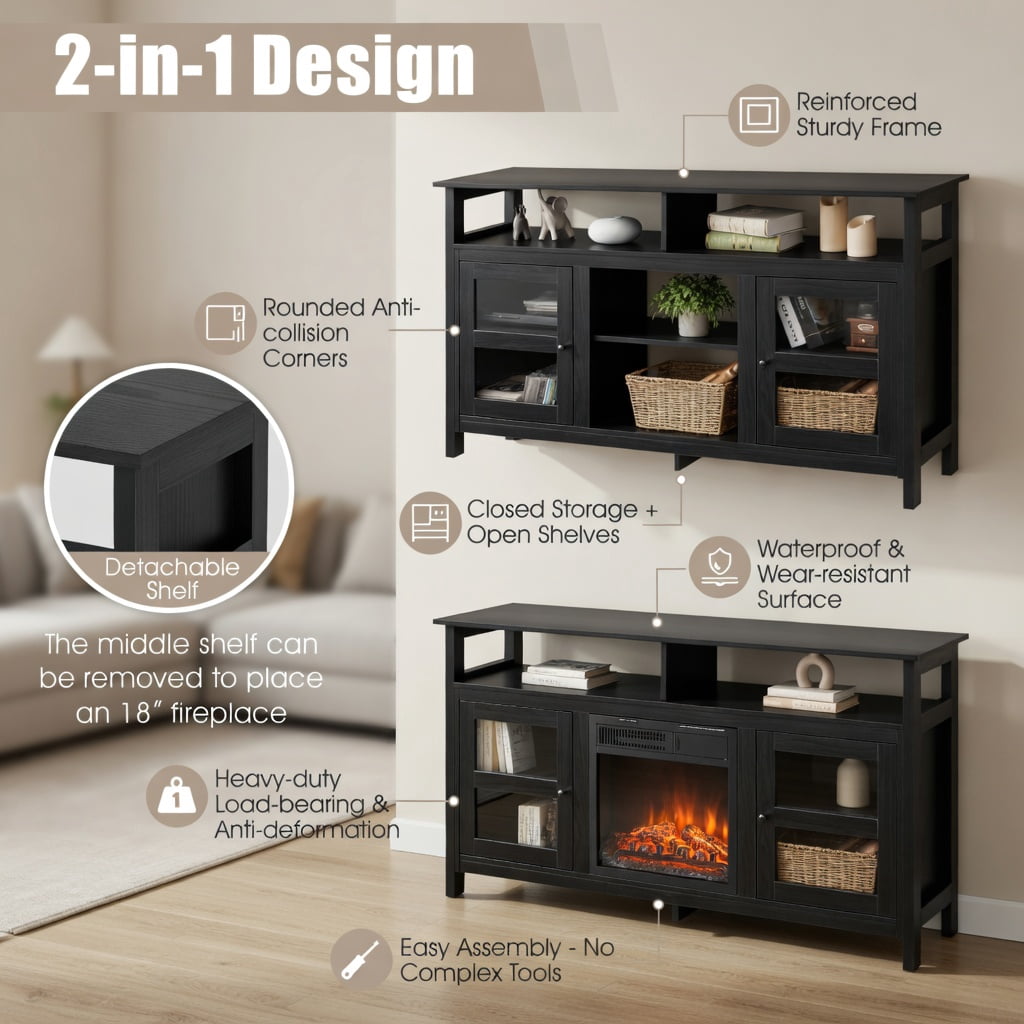 Demi Bonn TV Stand, TV Cabinet, 58 Inch TV Stand Entertainment Console Center with 2 Cabinets, Media Entertainment Center with Storage, for Living Room, Bedroom, Black