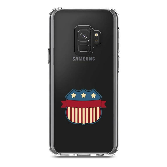 DistinctInk Clear Shockproof Hybrid Case for Samsung Galaxy S9 (5.8" Screen) - TPU Bumper Acrylic Back Tempered Glass Screen Protector - USA Badge Flag Red White & Blue