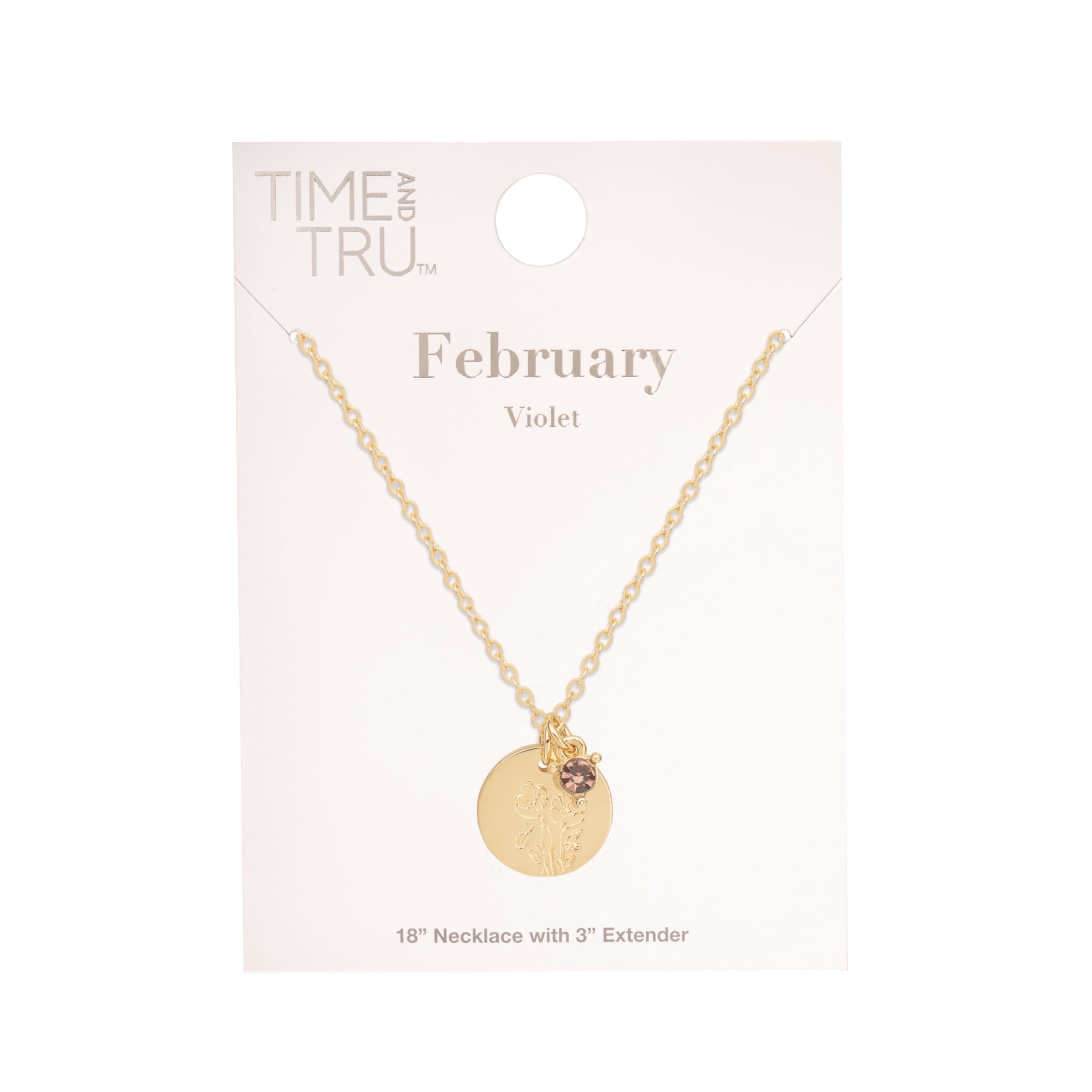 Time and Tru Women’s February Birthstone Necklace, Gold Tone Chain with Light Amethyst Stone & Violet Flower