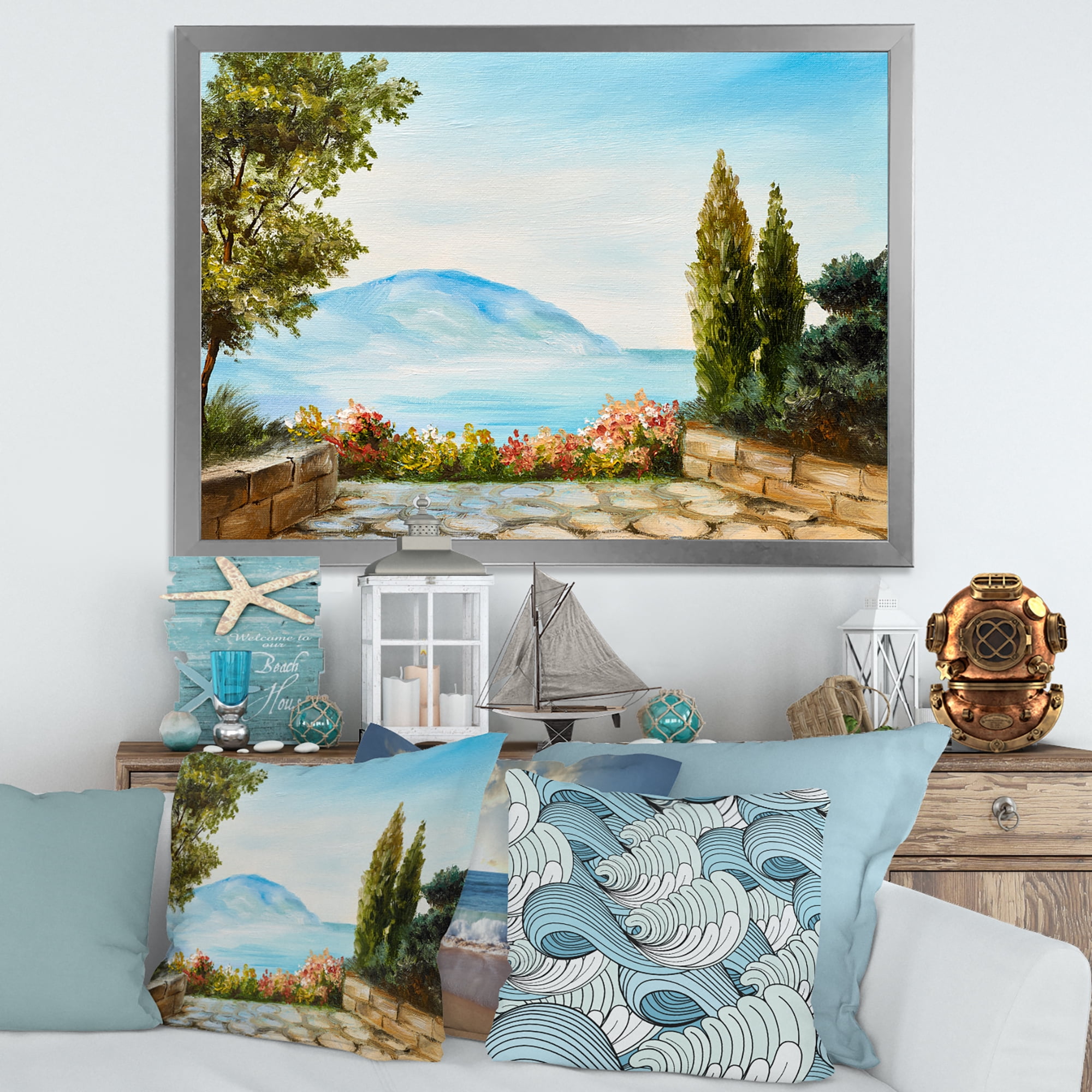 Designart 'Beautiful Mountains View By The Sea Side' Nautical & Coastal Framed Art Print