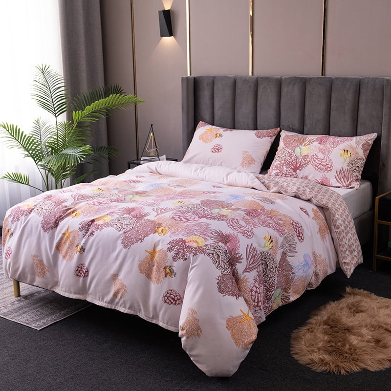 Watercolor Pink Coral Shell Starfish Ocean Printed Bedding Duvet Cover Set Queen, Deep Sea