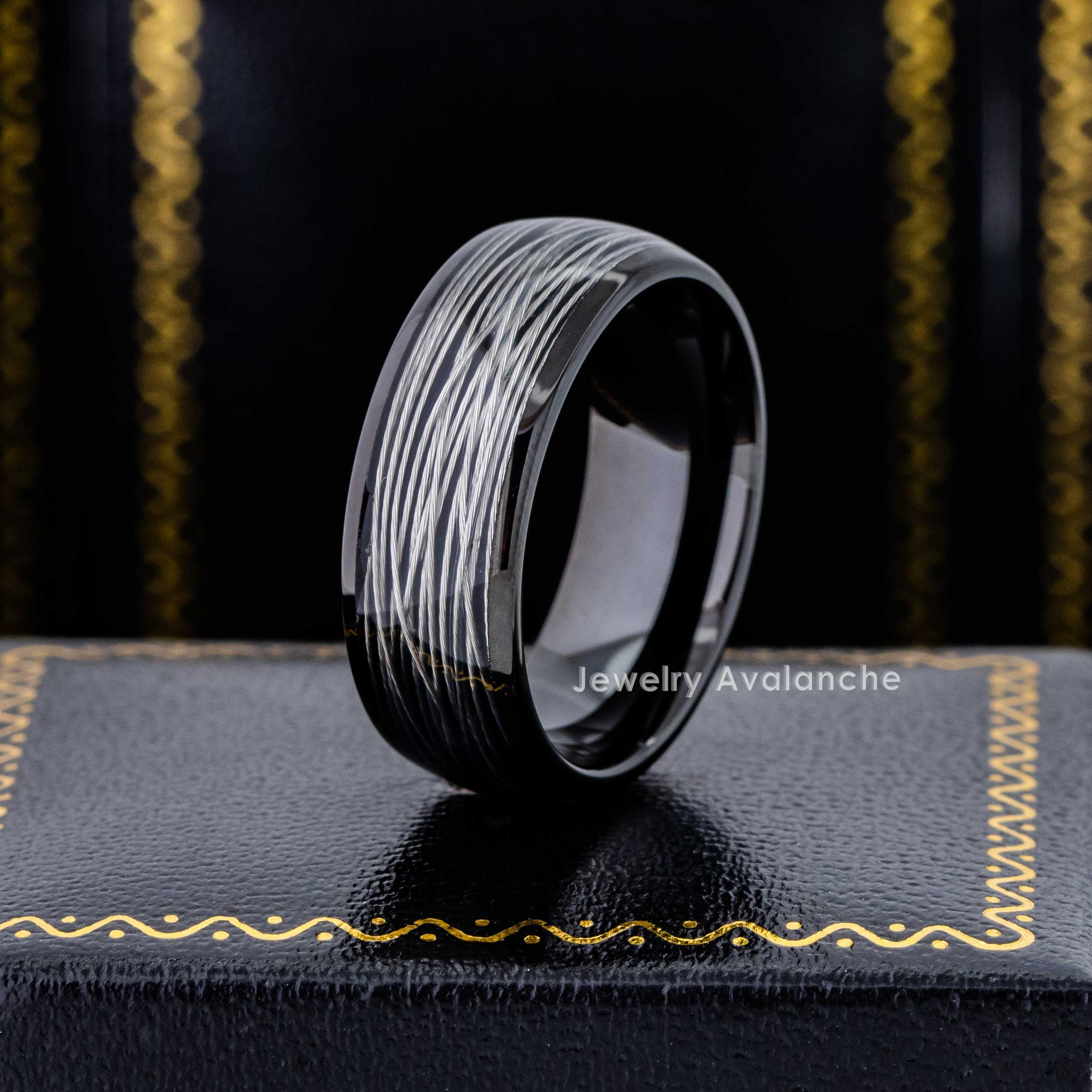 Jewelry Avalanche Wire Inlayed Black Dome Tungsten Carbide Wedding Band for Men, 8MM, size 9