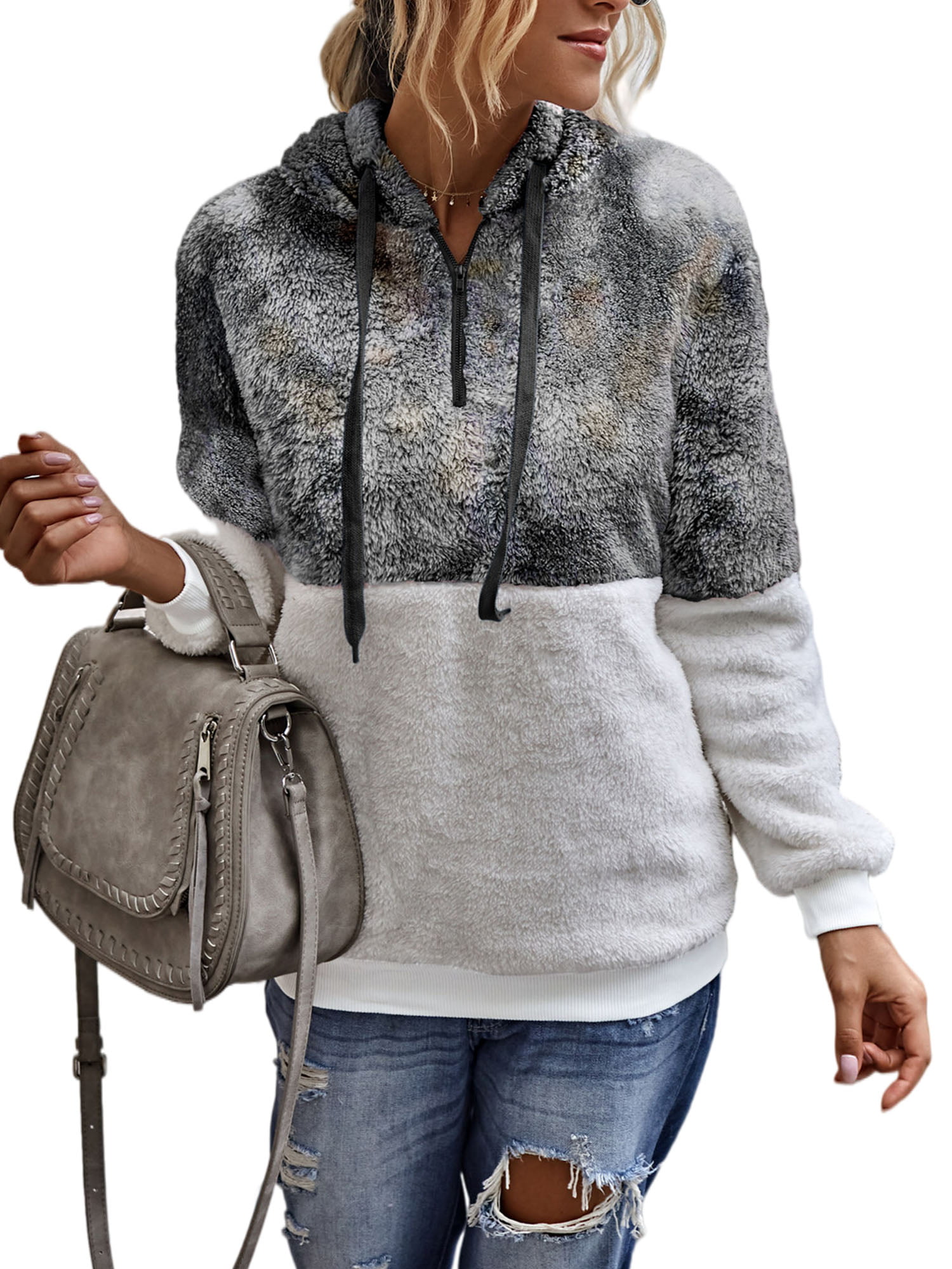Fuzzy Faux Fleece Leopard Printed Hooded Pullover Sweatshirt Coat Winter Sherpa Outerwear Pockets Angashion Womens Hoodies 