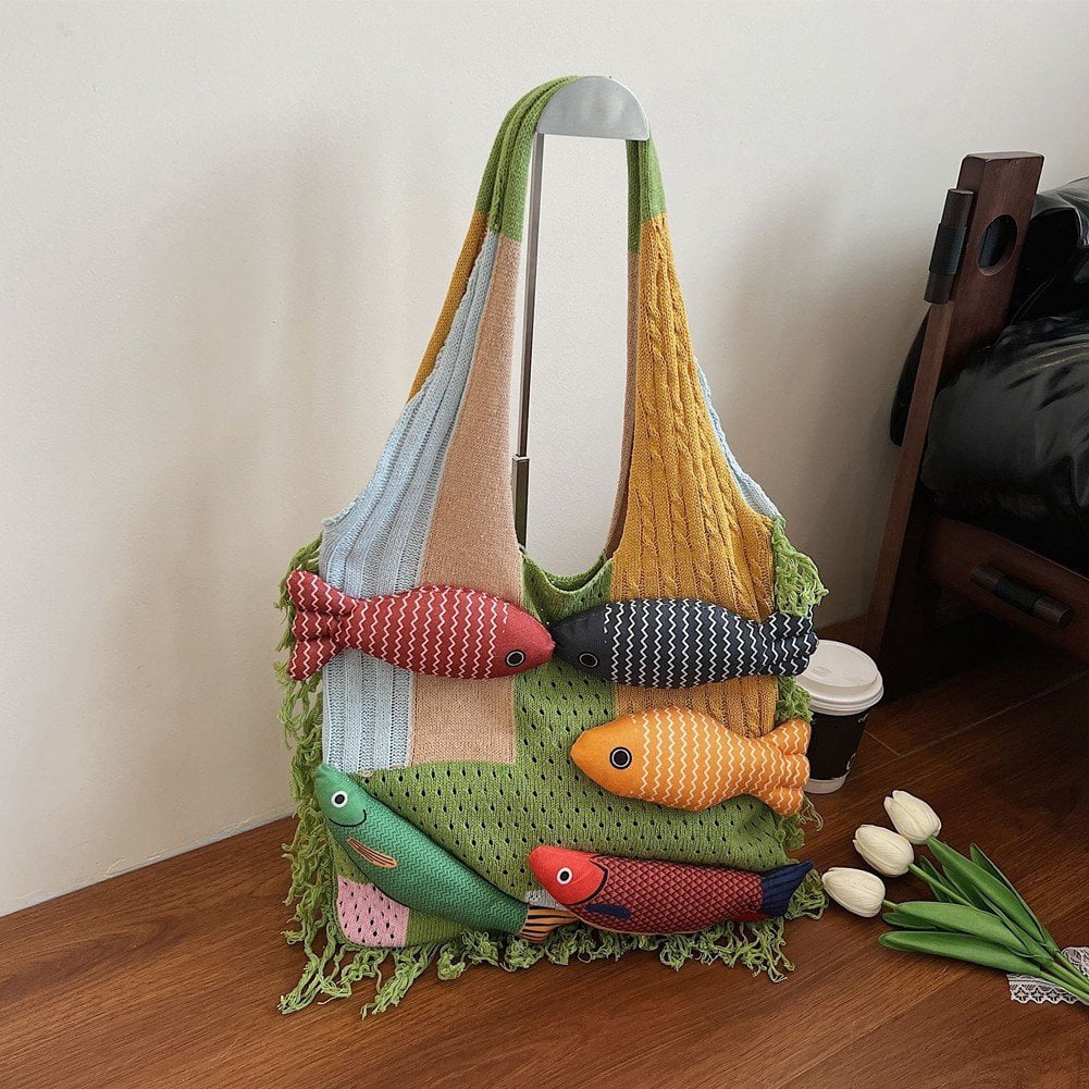 Jiibva Crochet Beach Shoulder Bag for Women Summer Tote handbags Shoulder Boho Bag with Handmade Fish for Summer Vacation