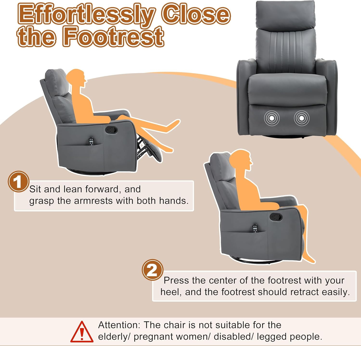 AENKYO Swivel Recliner Chair, Manual Rocking Massage Chair with Heat for Adults, for Living Room,Gray Faux Leather