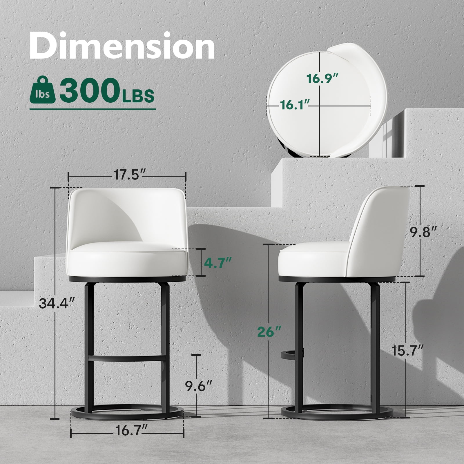 Genpo Bar Stools Set of 6, 26 inch Counter Height Bar Stools, Swivel White Leather Barstools with Backs, Round Base, Footrest, Metal Legs for Kitchen Island