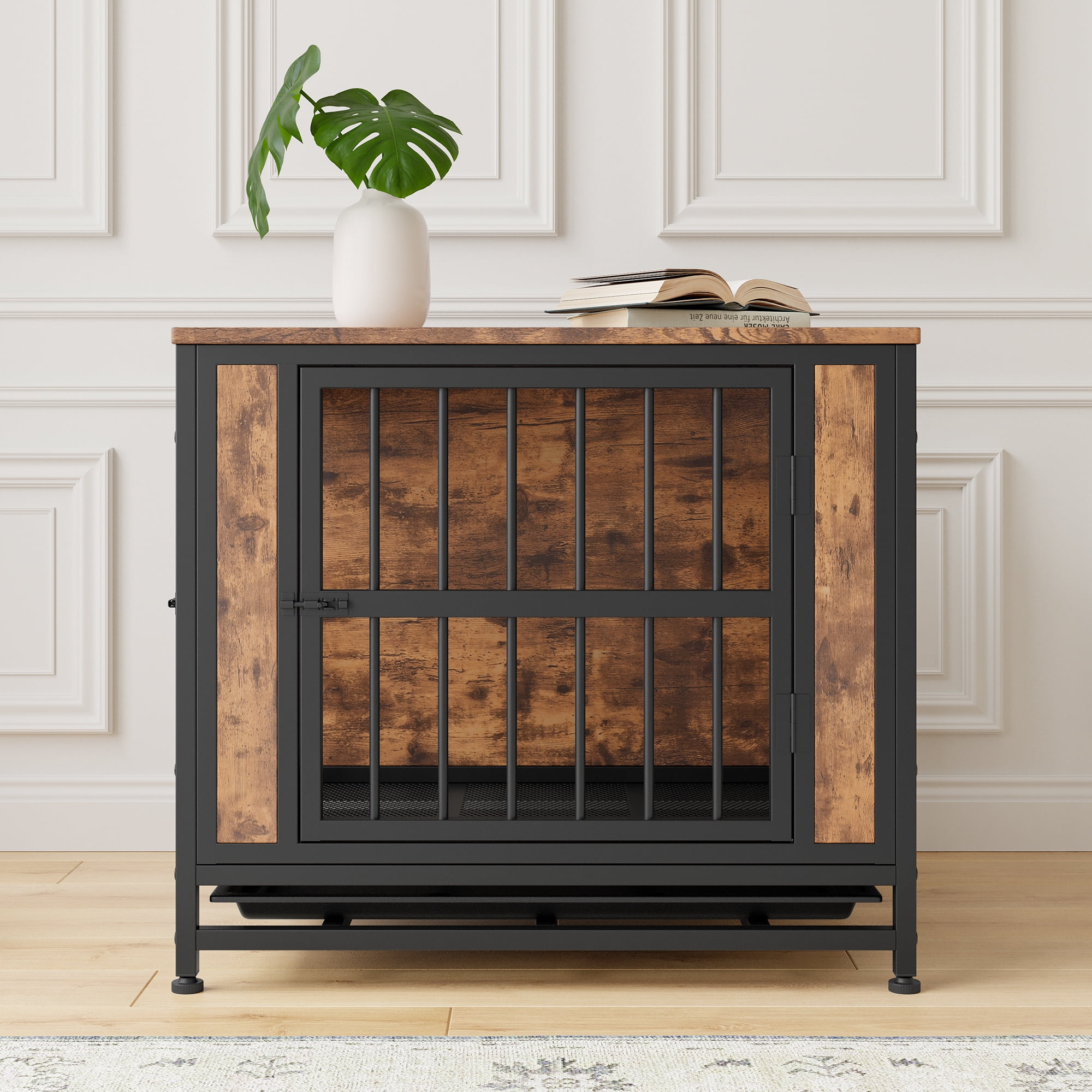 Dog Crate Furniture, Wooden Dog Crate Table, 38.9" Dog Kennel with 2 Sliding Doors and Thick Iron Door Frame, Decorative Pet Crate House