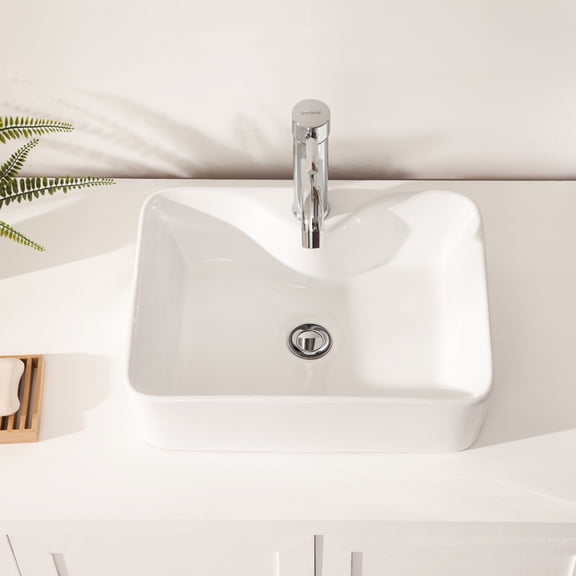 19"x15" White Ceramic Vessel Sink Bathroom - Modern, Rectangular, Stain-, Countertop Mount 19x15 Inch White,