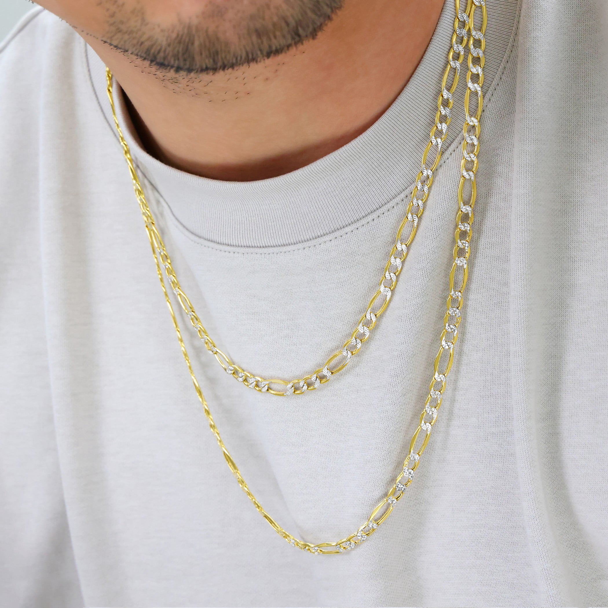 Nuragold 14k Real Yellow Gold Figaro Link 5.5mm Diamond Cut Two Tone Pave Chain Necklace (16"-30") Italian Jewelry for Men & Women