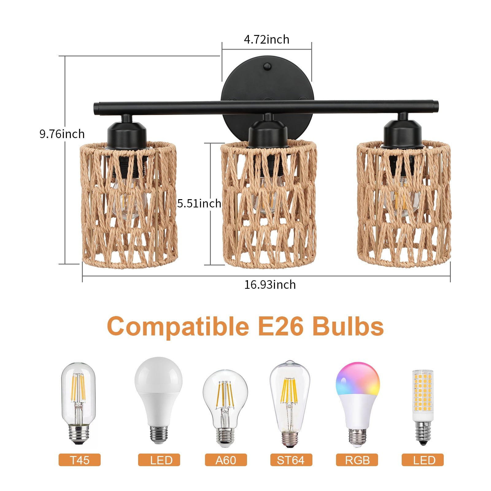 FRIDEKO HOME 3-Light Bathroom Light Fixtures Vanity Lights Over Mirror, 17" Boho Wall Sconces with Woven Lampshade, Farmhouse Black Wall Lamp for Farmhouse Living Room Bedroom (Without Bulb)