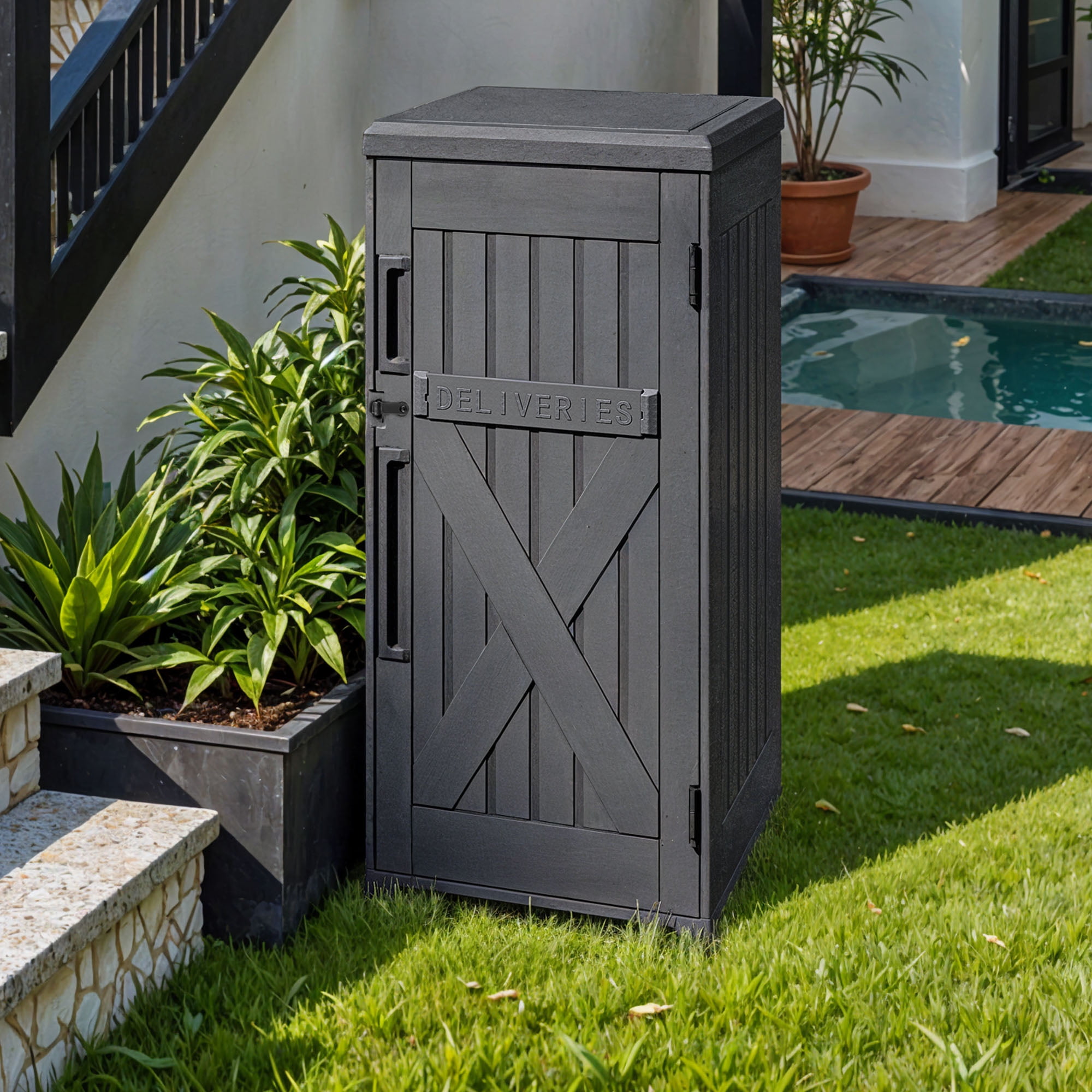 Uforic 60 Gallon Lockable Package Delivery Box, Double Wall Waterproof Resin Outdoor Parcel Storage Box for Porch Curbside Yard, Dark Gray