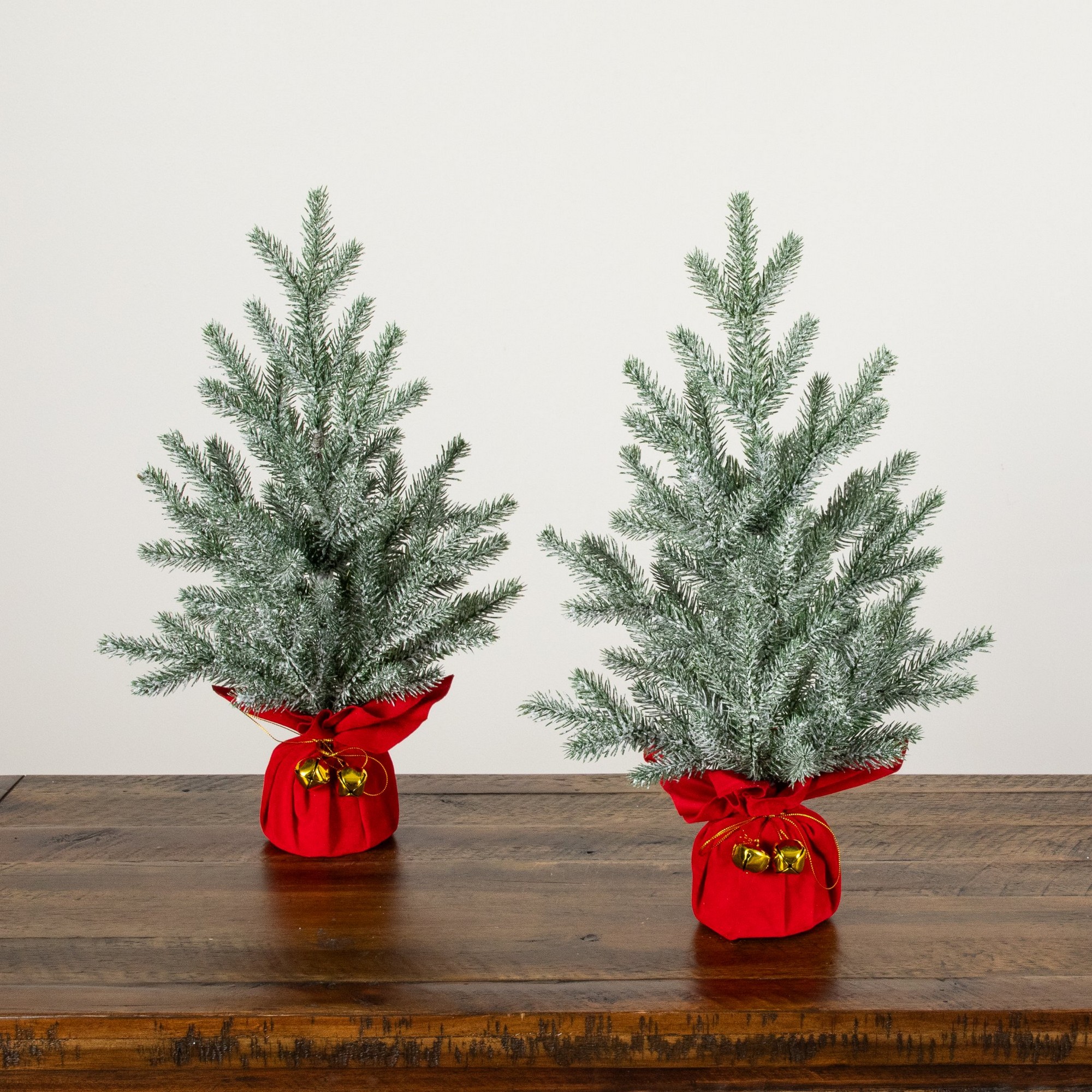 18in. Artificial Flocked Christmas Tree with Wrapped Velvet Base and Gold Bells - Set of 2