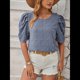 thumbnail image 4 of Blusa de Mujer con Cuello Redondo, Mangas Abullonadas y Tejido Jacquard de Bola de Pelo, de Verano y Otoño 2025 Azul Niebla L, 4 of 10