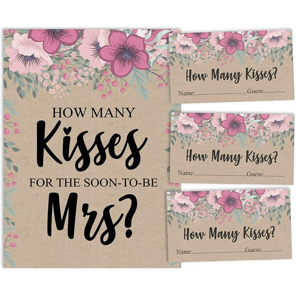 Inkdotpot 1 Sign 30 Cards How Many Kisses For The Soon To Be Mrs White Rustic Kraft Floral Bridal Shower Game