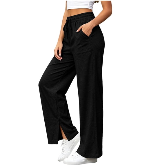 Sevevn Women’s High-Waisted Split Hem Wide Leg Lounge Pants Lightweight Elastic Drawstring Casual Trousers with Side Pockets