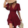 thumbnail image 2 of Women'S Ruched V Neck High Waist Casual Short Sleeve A-Line Dress Wine Red S, 2 of 9