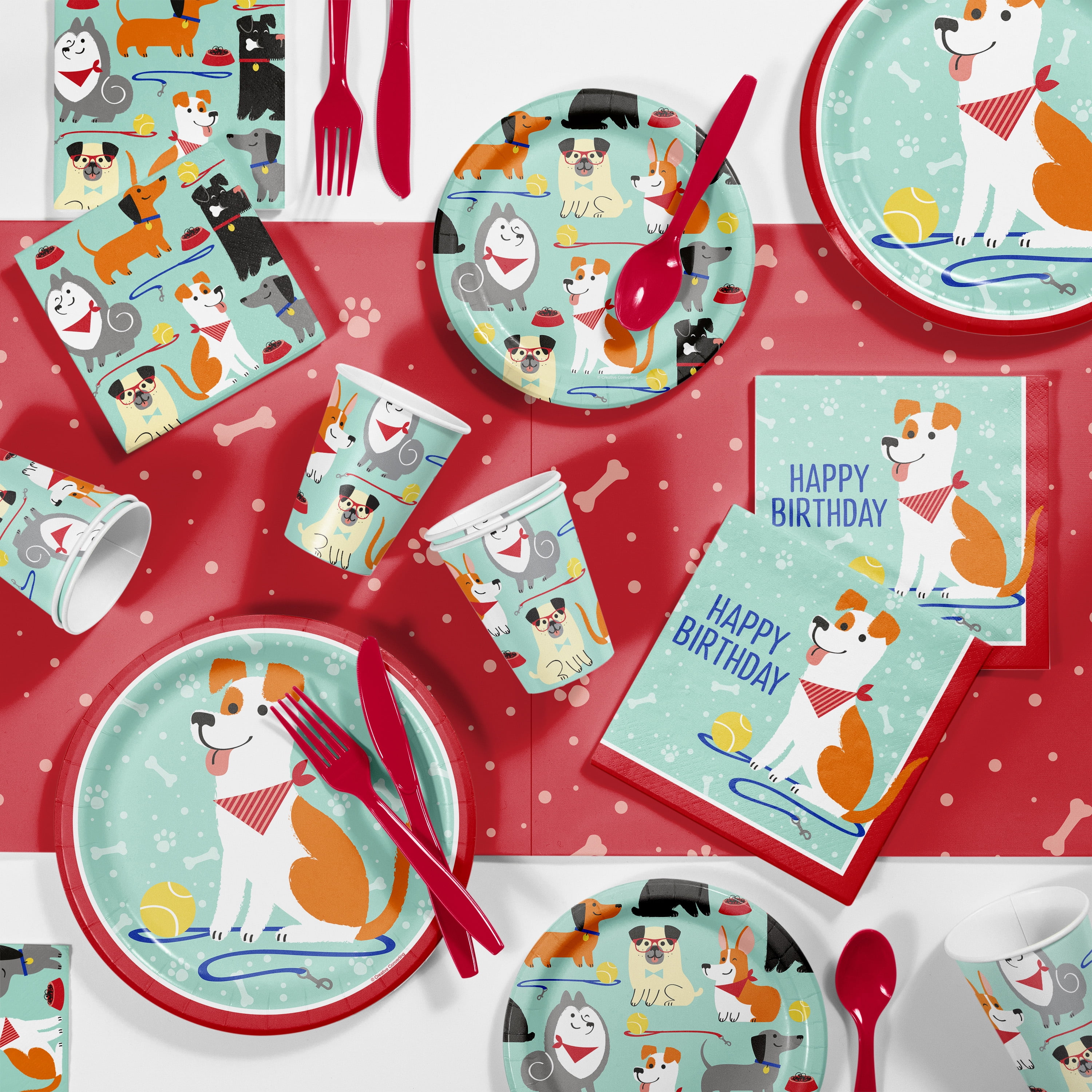 Havercamp Cool Bulldog or Dog Theme Party Set for 16 Guests; Including 16 ea 9” Dinner Plates and Luncheon Napkins and 24 Festive Party Picks.