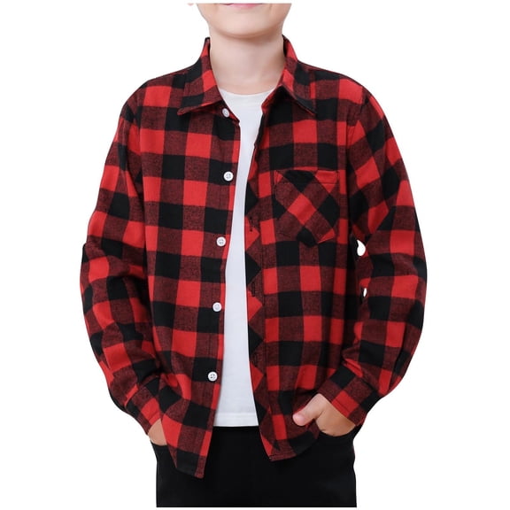 CCRFTGI Boys Button Down Shirt Classic Plaid Flannel Shirts Long Sleeve Comfy Soft Outfits Red 2-3Years