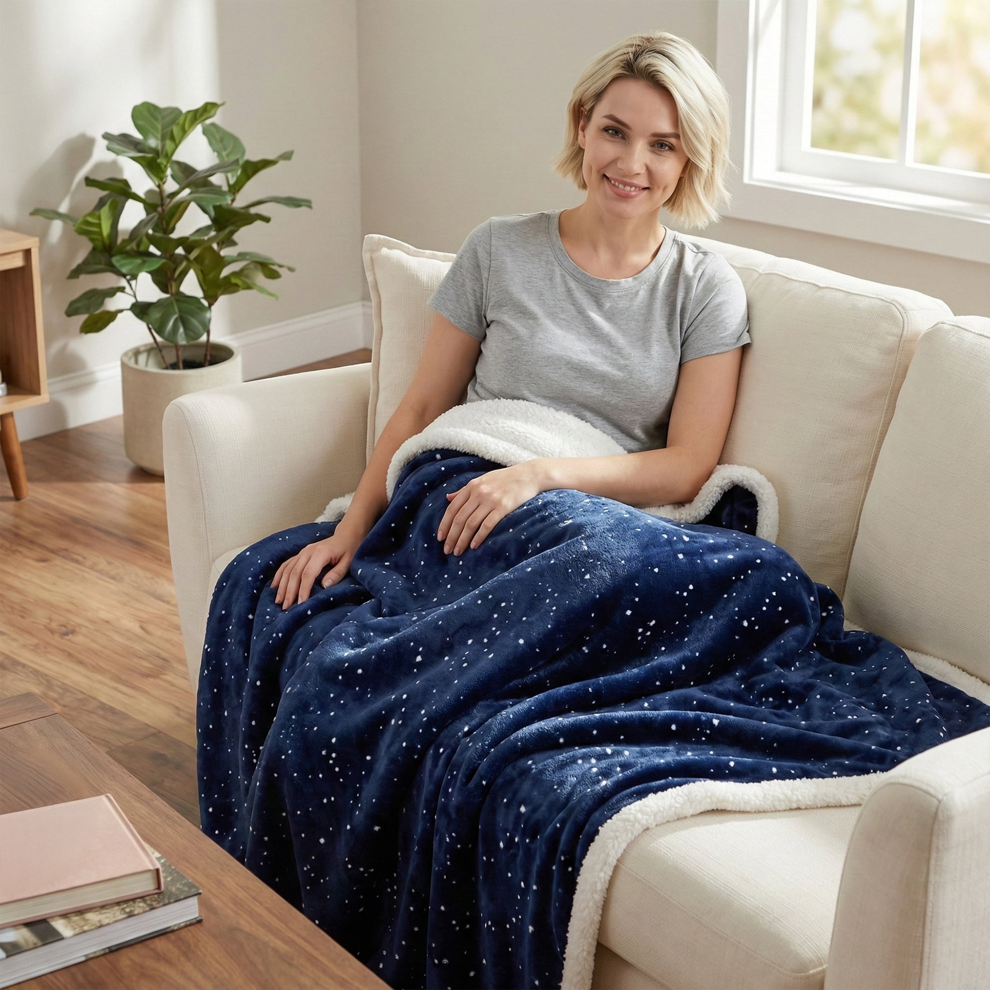 Americanflat 50x60 Printed Fleece and Reverse Sherpa Throw Blanket - Speckle Pattern - Reversible Design - Cozy Comfort for Couch or Bed - Dark Blue