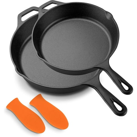 NutriChef 10inch and 12inch Pre-Seasoned Cast Iron Skillet - Non-stick Cooking Pan With Assist Silicone Handle (2-Piece Set)