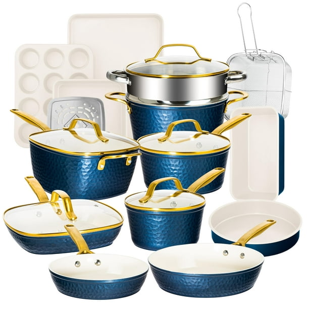 Gotham Steel Pro Hammered Juego de 20 ollas y sartenes de cerámica antiadherente, juegos de utensilios de cocina con 5 piezas de utensilios para hornear y utensilios de cocina de inducción, no tóxico,