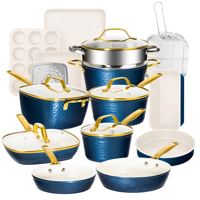 Gotham Steel Pro Hammered Juego de 20 ollas y sartenes de cerámica antiadherente, juegos de utensilios de cocina con 5 piezas de utensilios para hornear y utensilios de cocina de inducción, no tóxico,