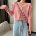 thumbnail image 4 of Women's Knit Cardigan, Spring Soild Color V-neck Long Sleeve Thin Korean Style Crop Tops, 4 of 5