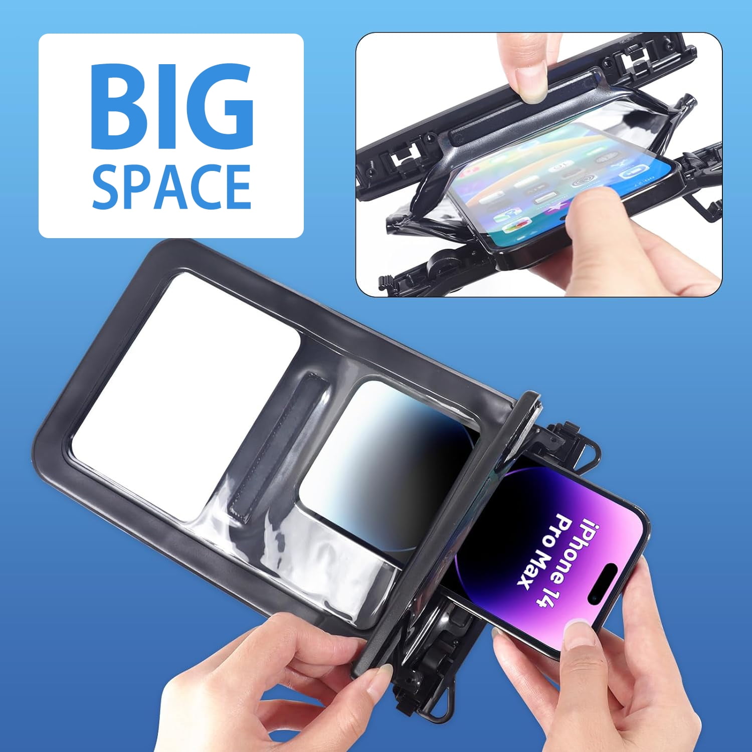 TJS [2 Pack] Up to 10.5" Double Space Large Waterproof Phone Pouch Bag with Lanyard, IPX8 Waterproof Cellphone Dry Bag Case for iPhone 16 15 Pro Max 14 Pro 13 12 Galaxy S23 Ultra S22 (Black+Teal)