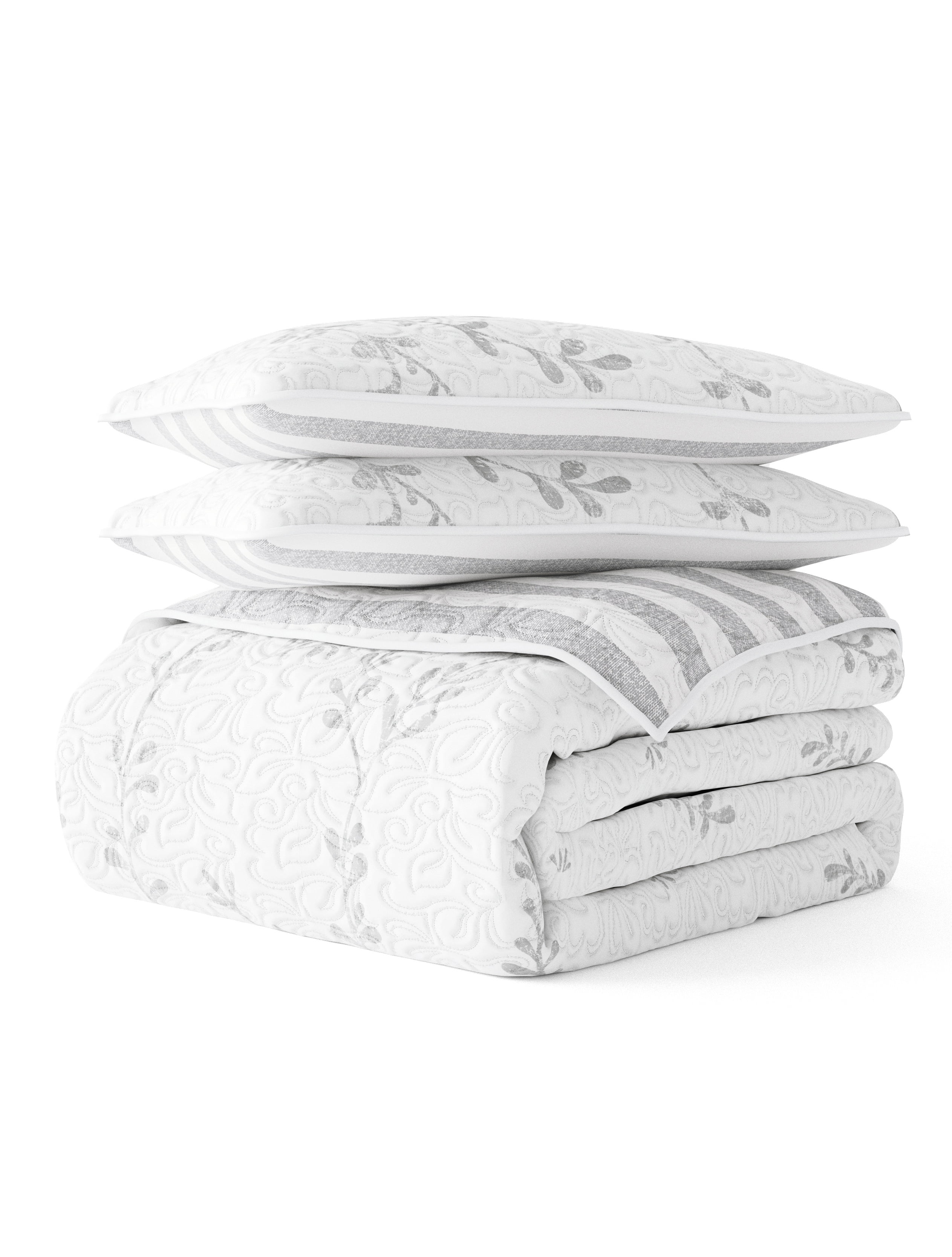 Comfort Canopy - Light Gray Reversible Silhouette Leave Pattern Stitched Quilt Coverlet for King Size Beds