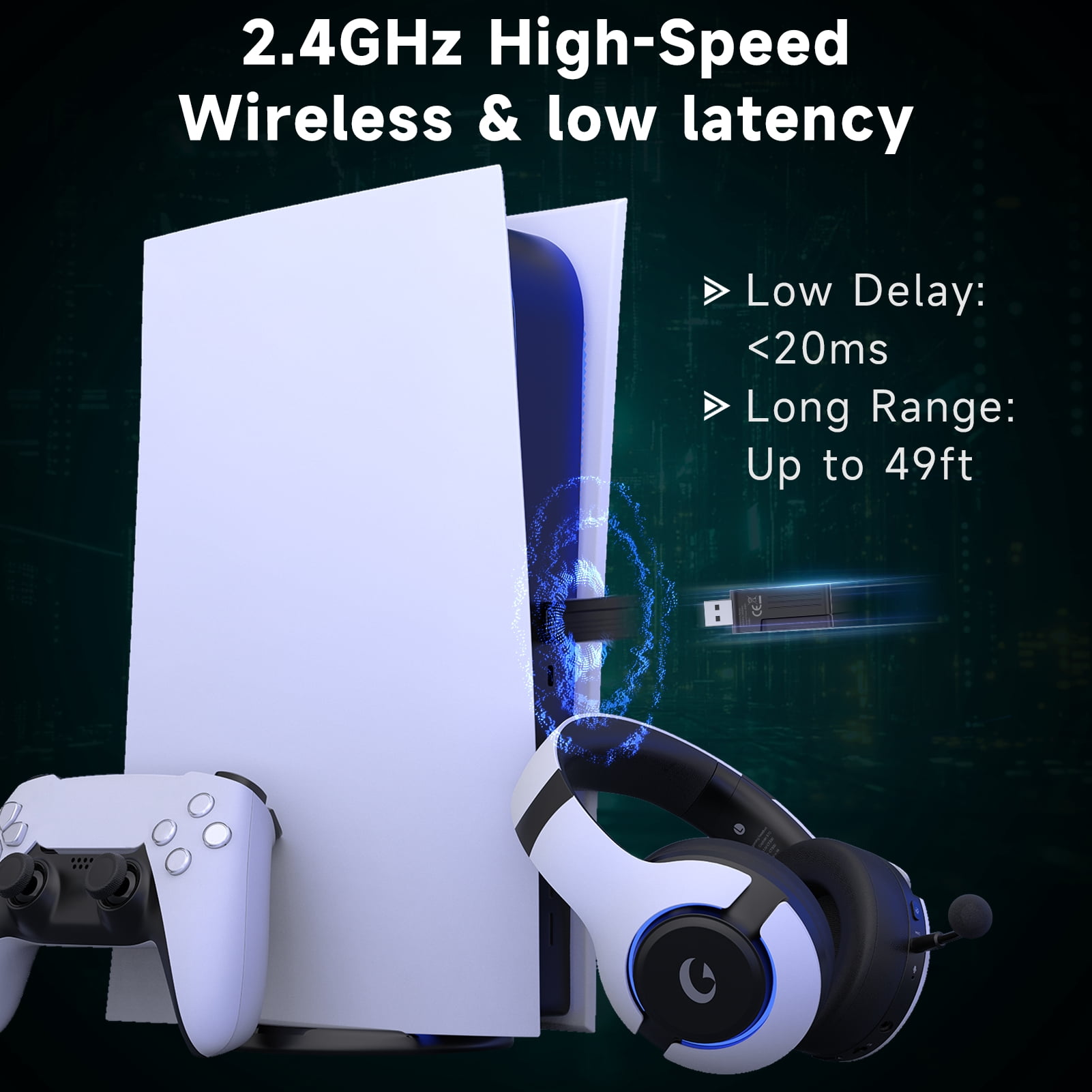 AYEDLOE 2.4GHz Wireless Gaming Headset for PS5, PS4, PC, Switch , Bluetooth 5.3 Gaming Headphones, Noise Canceling Mic, 45H, RGB, Black-White