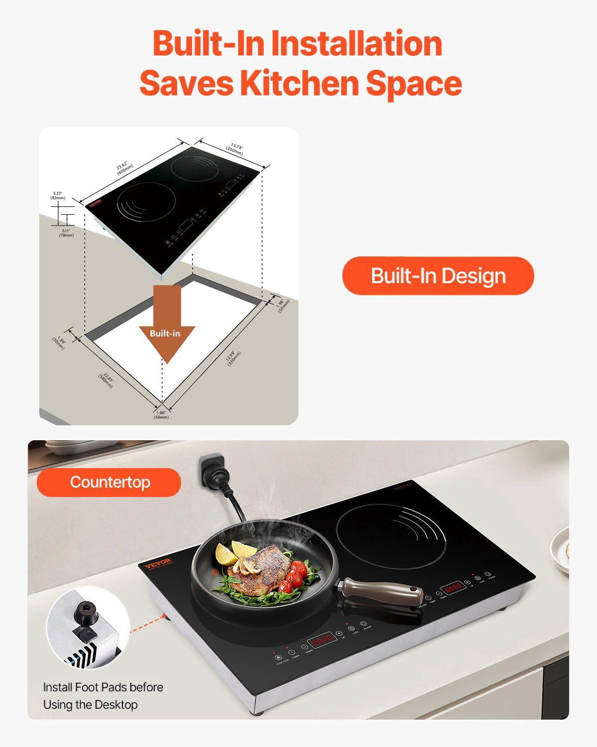 1800W Double Induction Cooktop with Touch Control 9 Power Settings Child Safety Lock Timer Glass Surface