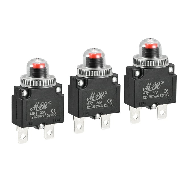 Unique Bargains Circuit Overload Protector 30A AC125/250V DC32V Push Button Thermal Circuit Breaker with Waterproof Caps 3pcs