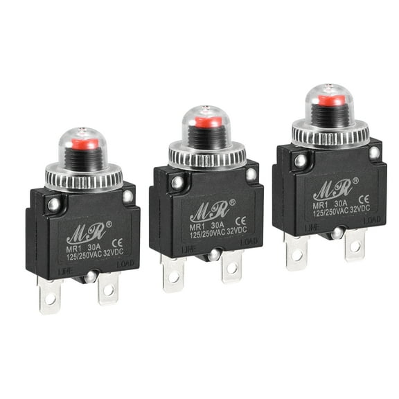 Circuit Overload Protector 30A AC125/250V DC32V Push Button Thermal Circuit Breaker with Waterproof Caps 3pcs