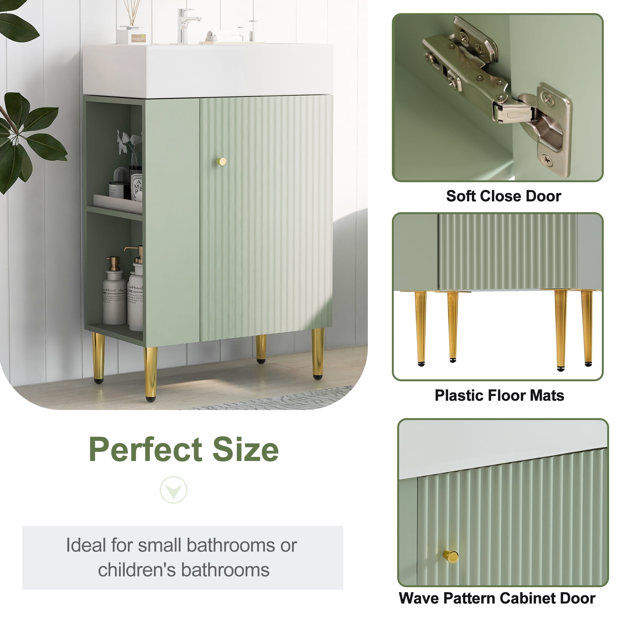 Euroco 21.6" Green Bathroom vanity, Combo Cabinet, Bathroom Storage Cabinet, Single Ceramic Sink, Left side storage