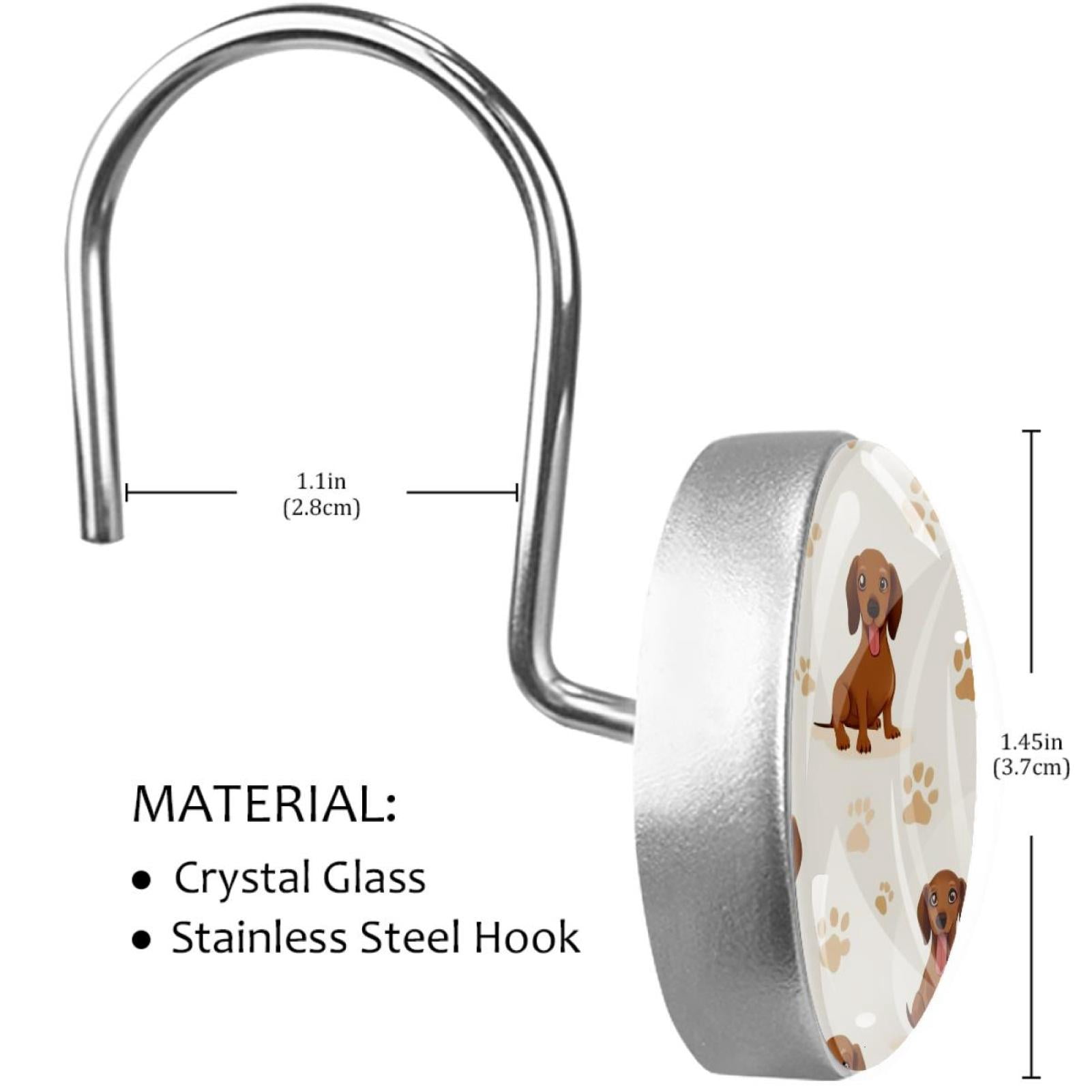 Cute Dachshunds Paw Footprints Shower Curtain Hooks Round Crystal Glass, Set of 12 Shower Curtain Rings - Shower Hooks for Curtain Shower Rings