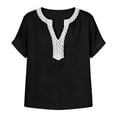 thumbnail image 5 of ClodeEU Women's Linen Blend V Neck Short Sleeve Top with Lace Trim ,Solid Color Casual Blouse Black,Womens Plus XL, 5 of 7