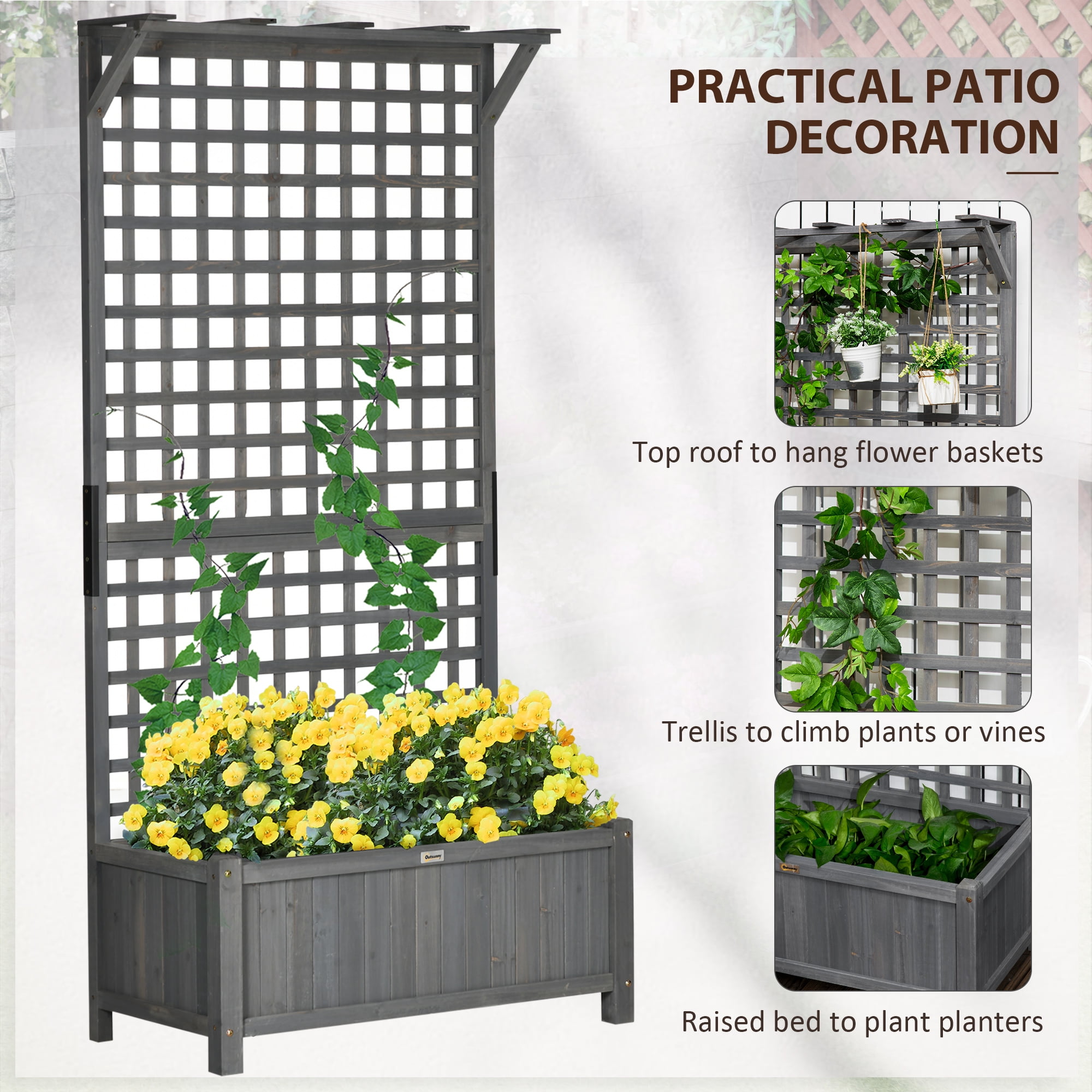 Outsunny Wood Planter with Trellis, Raised Garden Bed for Climbing Plants with Drainage Holes and Roof, 35.5" x 17.75" x 72", Gray