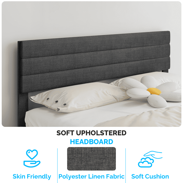 Queen Size Upholstered Platform Bed Frame, Dark Gray Linen-Like Fabric with Horizontal Stripe Tufted Headboard, Adjustable Height, No Box Spring Needed