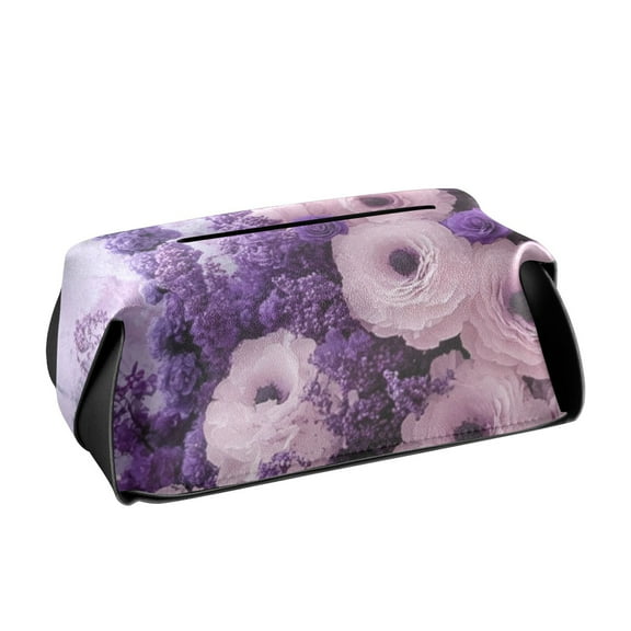 Purple Elegant Flowers Tissue Box Cover Leather Square Rectangle Tissue Box Holder for Bathroom Living Room Desk Office Decor