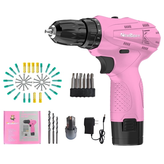 NEWBEAT 12V Pink Cordless Drill Set, Power Drill with 2x1.5Ah Batteries and Charger, 2-Speed & 18 1 Torque Settings, Electric Tool for Home Diy Gifts