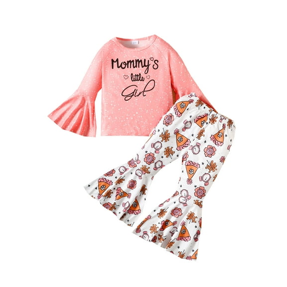 Mikrdoo 3 Years Baby Girls Clothes Splash Ink 4 Years Toddler Girls Letter Graphics Casual Tops Elastic Floral Full Print Bell-bottomed Pants 2Pcs Outfit For Fall Winter Pink