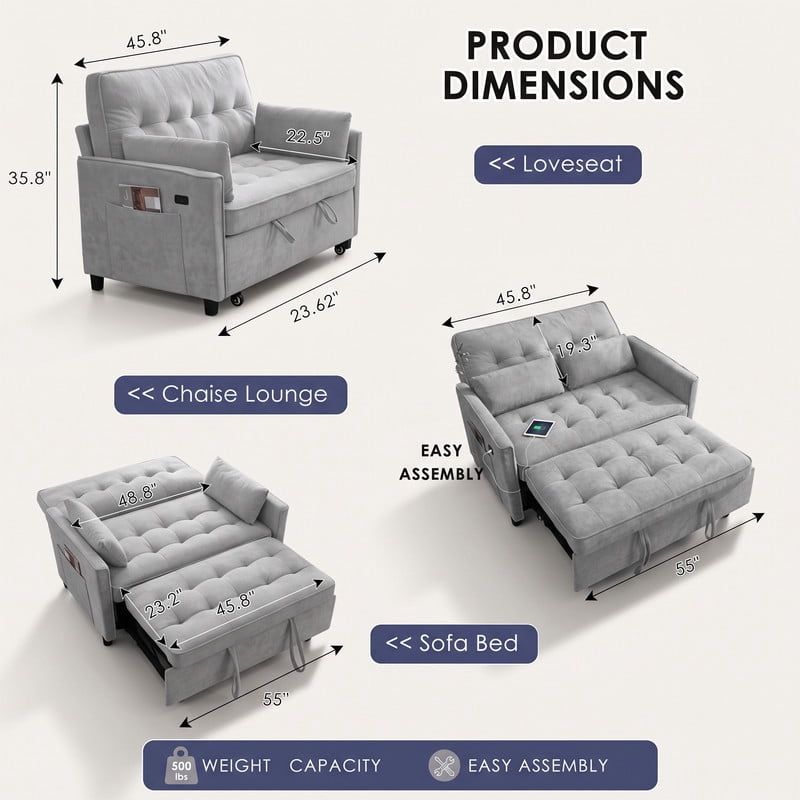Anpport 54" 3‑in‑1 Convertible Sofa Bed, Towel Fabric, 3‑Position Adjustable Backrest with USB Charging Ports, for Living Room, Apartment, Medium Gray